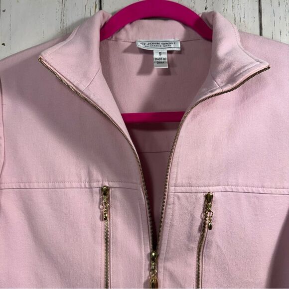 St John Sport By Marie Jacket Stretch Cotton Zipper Gold Detail Soft Pink Pocket - Picture 4 of 15